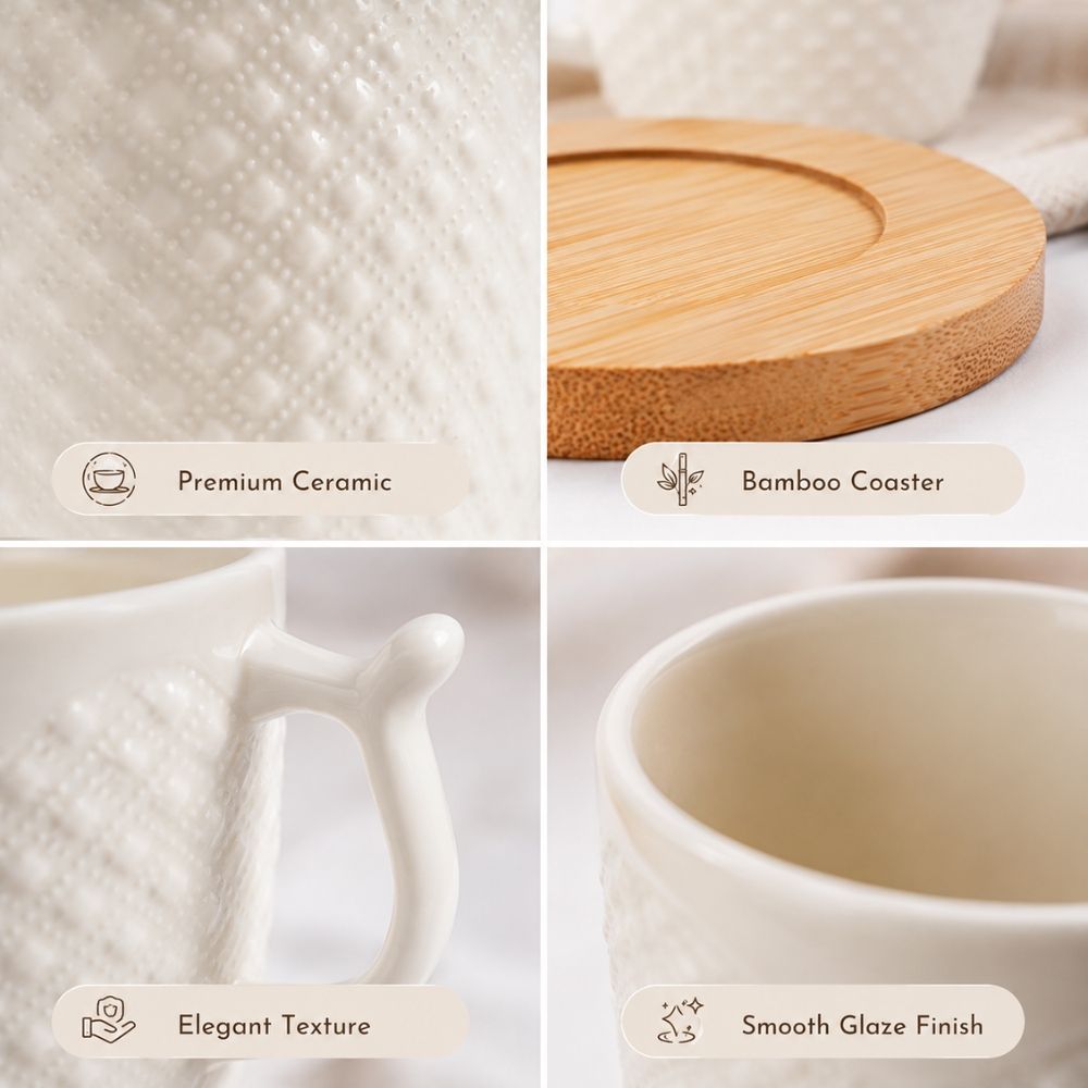 Minimalist Embossed Ceramic Mugs And Bamboo Coasters Set – (12Pcs)
