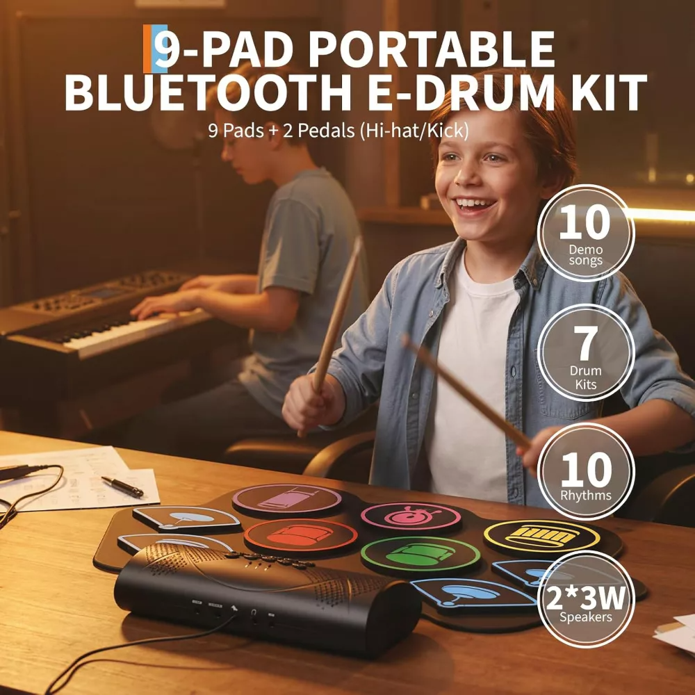 9 PAD Portable Electronic Drum Set with Bluetooth & Speakers
