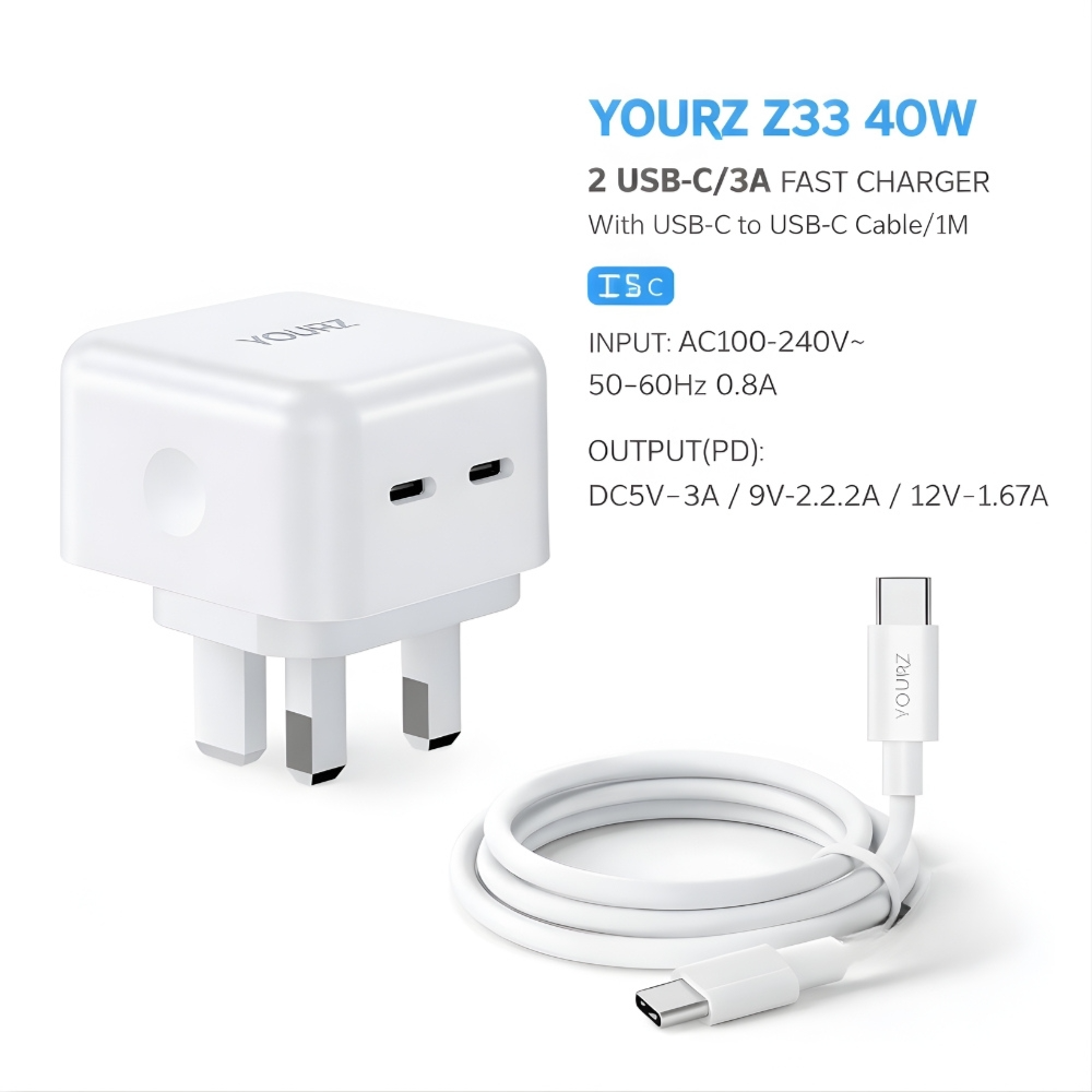 YOURZ 40W Dual Type-C Fast Wall Charger + 1m 60W Type-C Data Cable Set