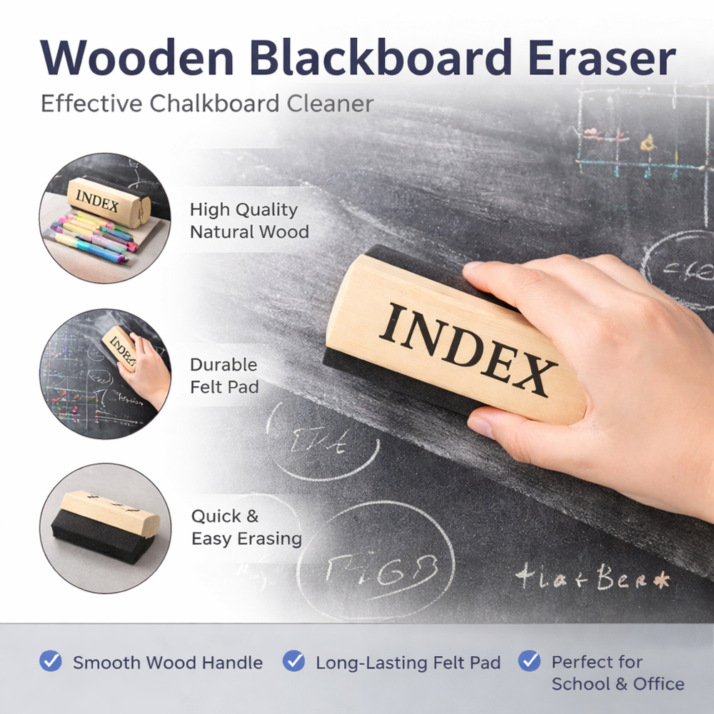 INDEX Premium Wooden Blackboard Eraser – Durable Felt Chalkboard Cleaner