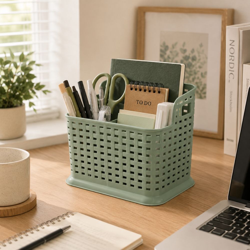 Multi Purpose Desktop Organizer Basket With Built In Divider For Home Office Study Table