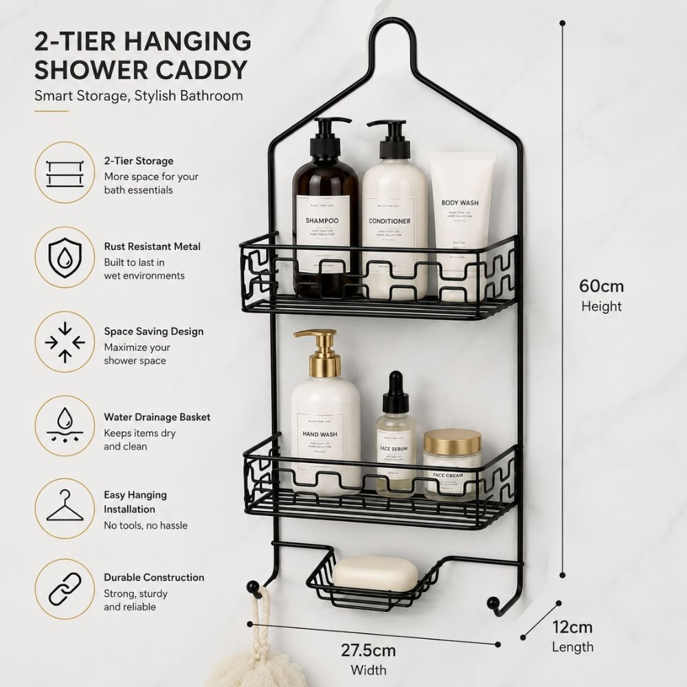 Premium Metal Two-tier Shower Caddy With Integrated SOAP Dish Hooks, 60x27.5x12cm