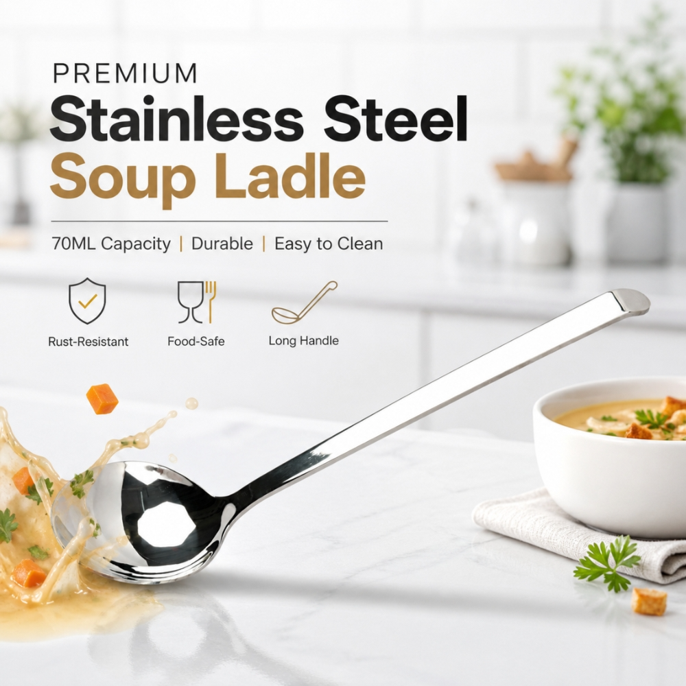 Premium Mirror Polished Stainless Steel Soup Ladle With Long Ergonomic Handle