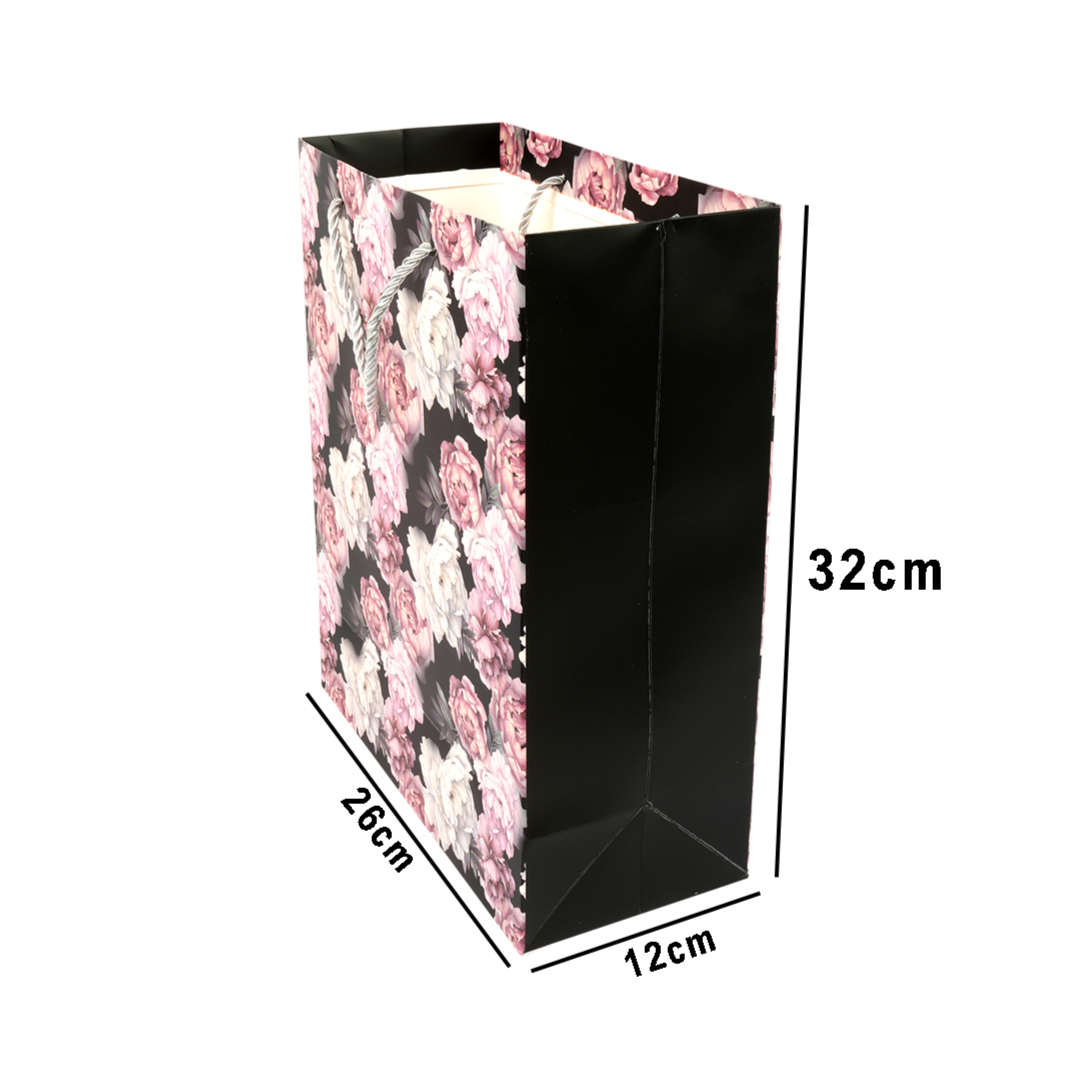 Elegant Floral Paper Gift Bag – Black, White & Pink (32Cm)