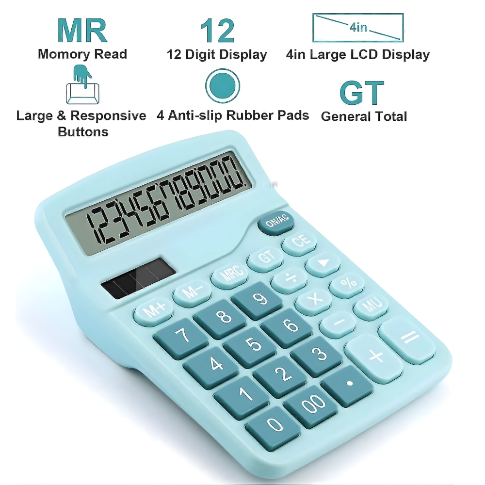 Premium 12-Digit Desktop Calculator - Dual Power (Solar & Battery) - Ergonomic Design - Mint Blue