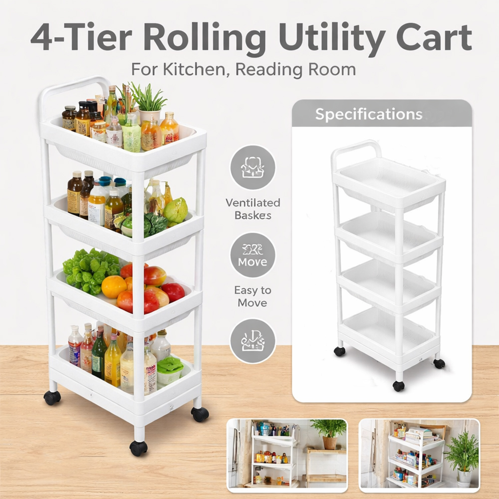 4 Tier Kitchen Storage Rack 110cm  Multi Layer Plastic Organizer Trolley with Wheels for Kitchen, Bathroom & Home Use (40x30x110cm)