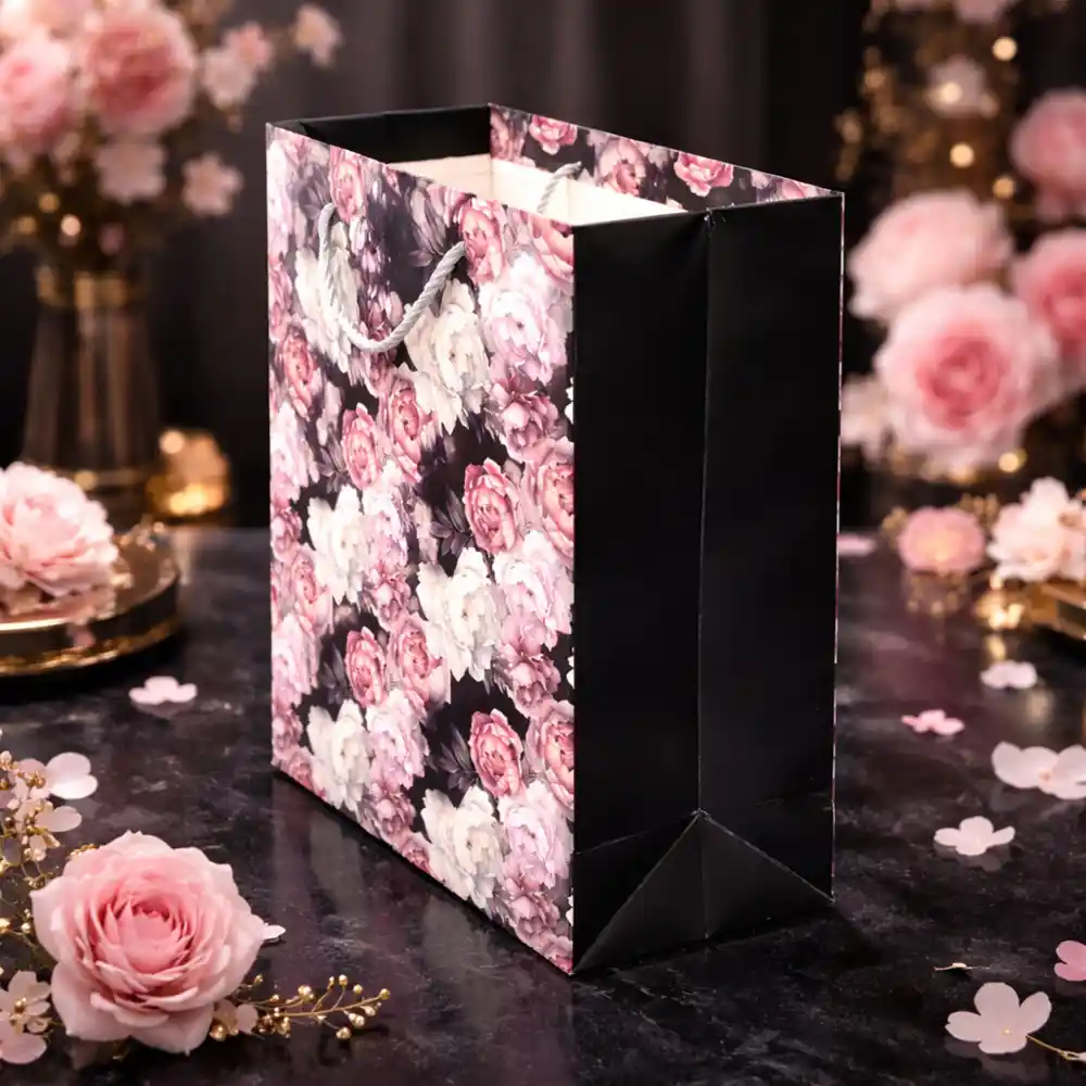 Elegant Floral Paper Gift Bag – Black, White & Pink (32Cm)