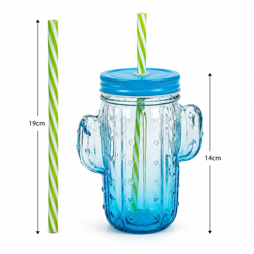 Cactus Design Mason Glass JAR With Reusable Straw And Lid For Cold Drinks