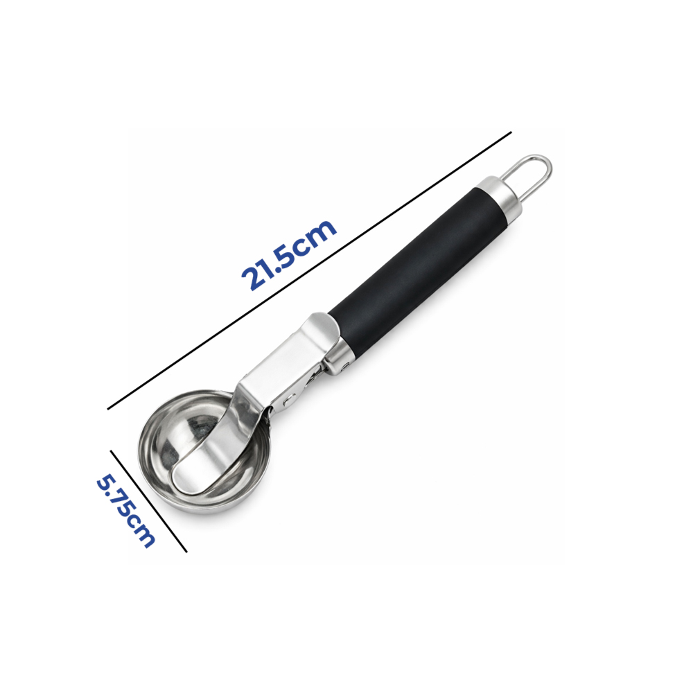 Premium Stainless Steel Ice Cream Scoop 22cm – Ergonomic Black Handle Scooper, 5.5cm Bowl, Easy Release Trigger, Professional Kitchen Tool