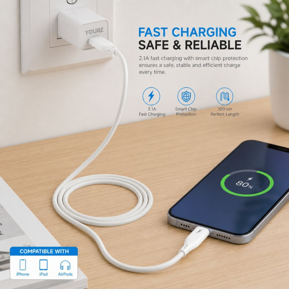 Yourz Premium High Speed 2.1A Fast Charging Data Cable For Iphone Ipad Airpods 100Cm