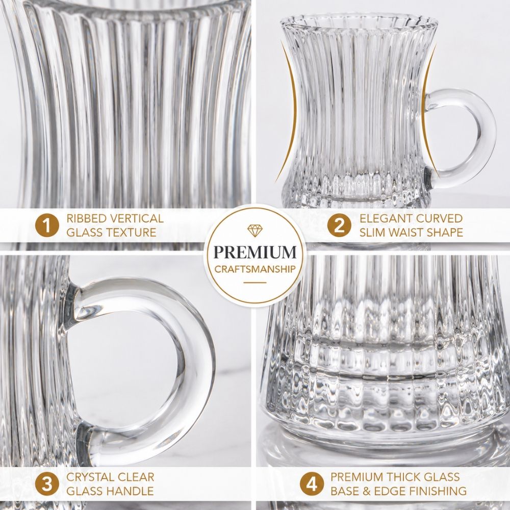 Radiant Turkish Tea Glass Set Featuring A Ribbed Design And Handle – Transparent (6Pcs)