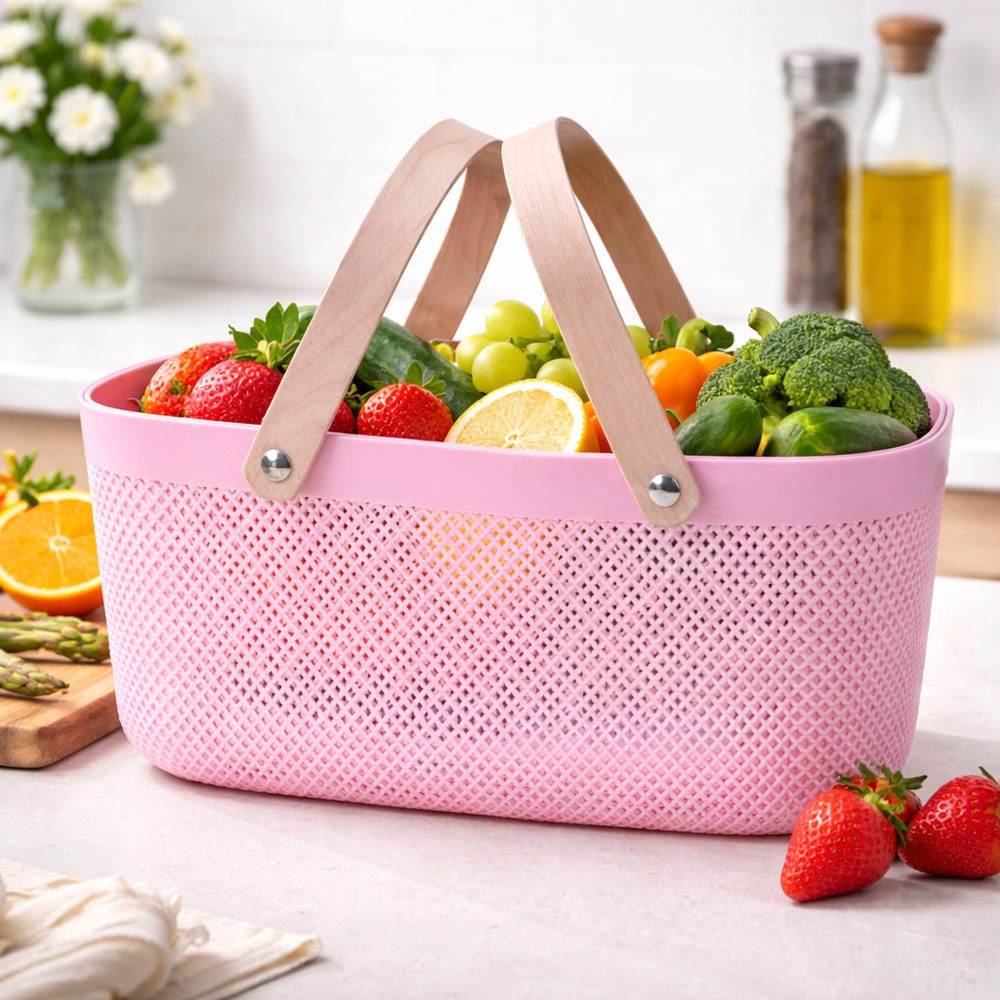 Premium Multipurpose Mesh Storage Basket With Ergonomic Wooden Handles For Home And Kitchen Organization