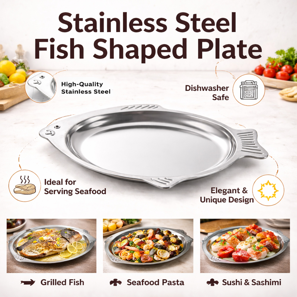 Premium Fish Shaped Stainless Steel Serving Tray – Decorative Kitchen & Dining Food Serving Platter (47×30×3.5cm)