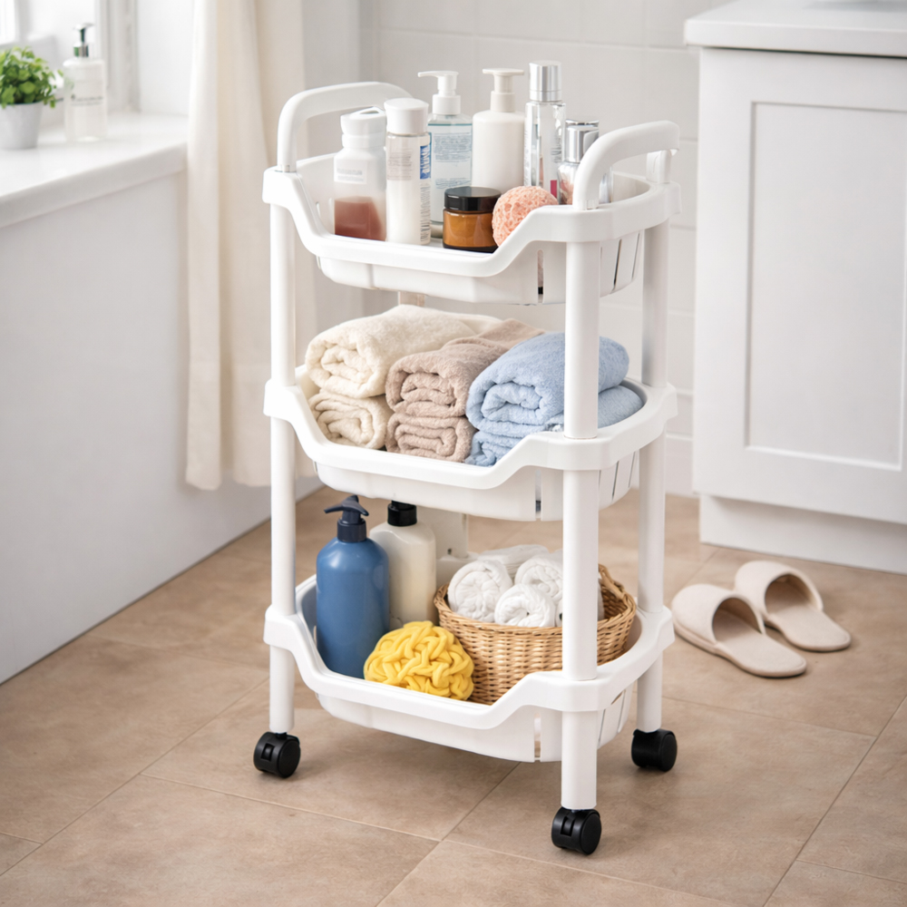 3 Tier Rolling Storage Rack Organizer  Multi Purpose Kitchen & Bathroom Storage Trolley