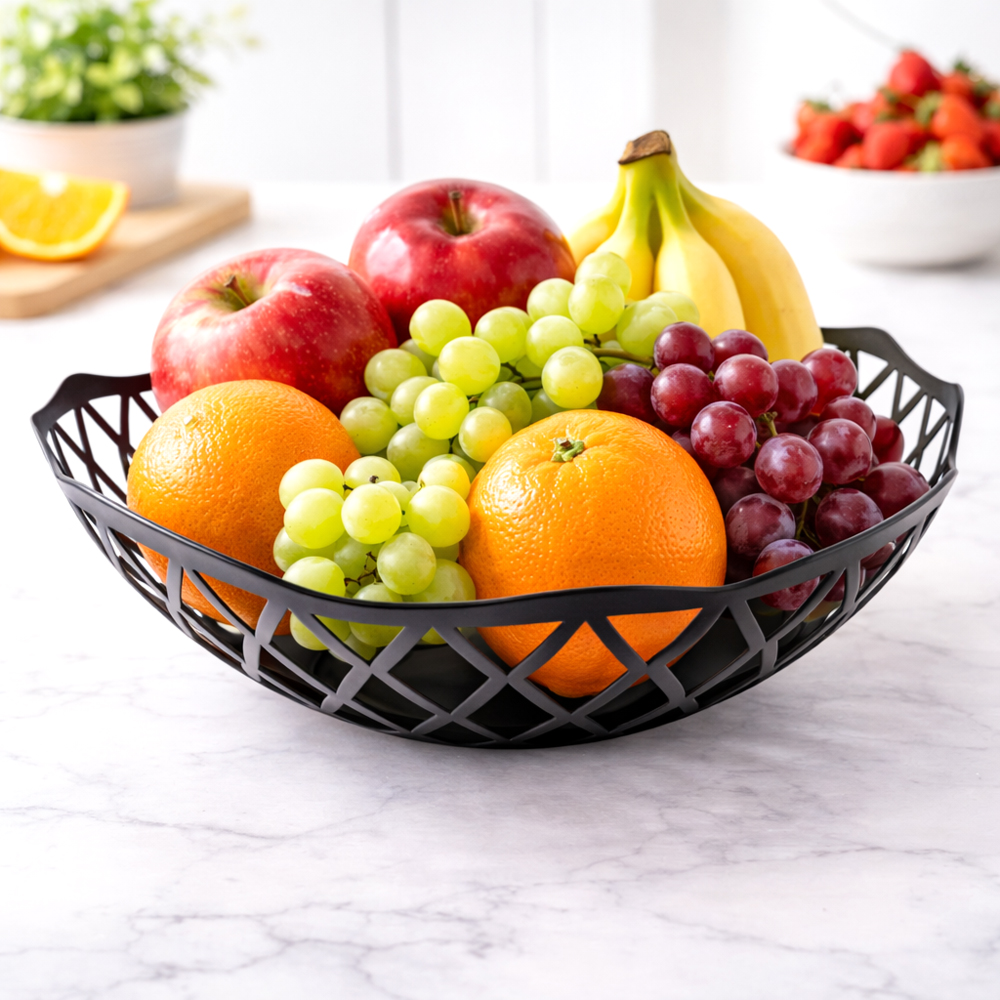 Modern Black Metal Fruit Basket 26x10cm – Decorative Geometric Design Serving Bowl for Dining Table & Kitchen