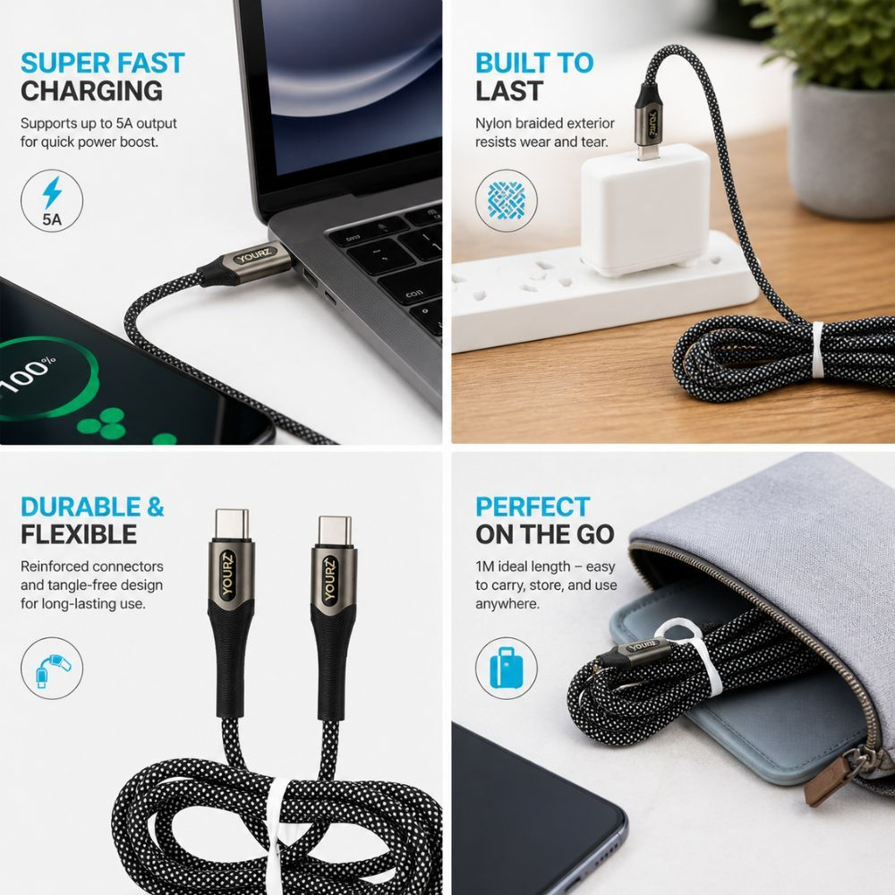 Yourz 100W 5A Usb - C To Usb - C Braided Fast Charging Cable – Black (1M)
