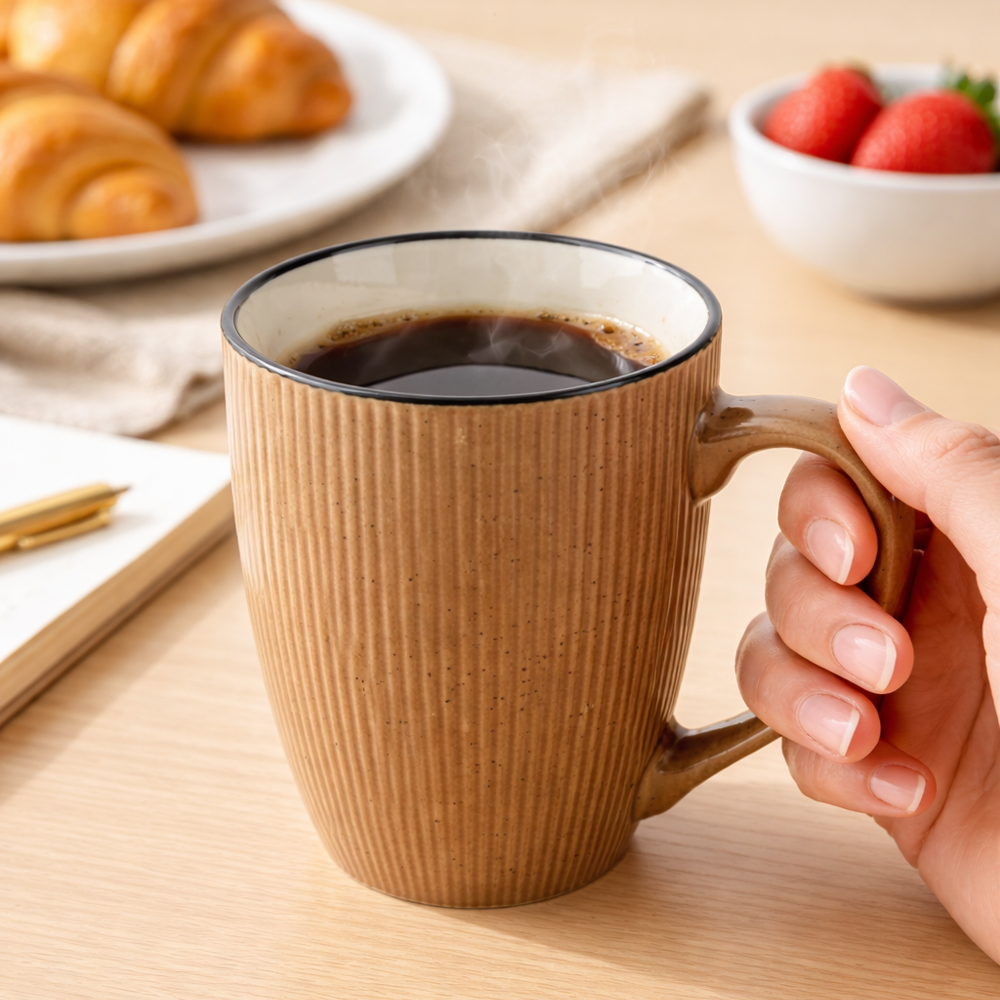 Premium Ribbed Brown Ceramic Coffee Mug 10cm x 8.5cm – Textured Modern Tea Cup for Home & Office