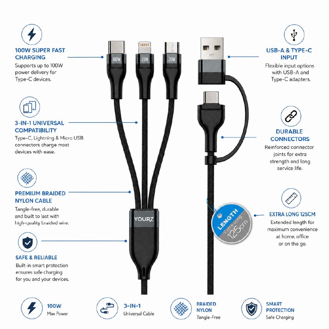 Energetic Yourz 3-In-2 Fast Charging Cable With Multi-Connector Design – 125 Cm