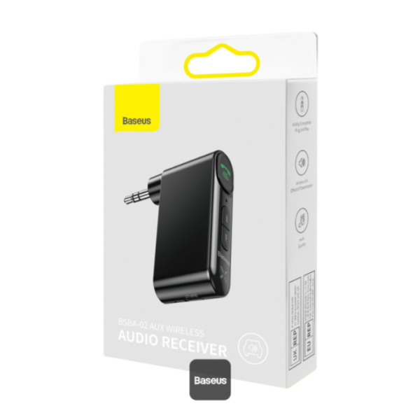 Baseus BSBA-02 Aux Bluetooth Audio Receiver For Cars - Wireless Music Streaming, Hands-Free Calls, 10H Play Time, aptX LL, BT 5.0 - Black