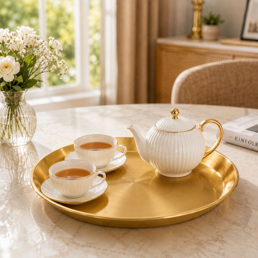 Premium Gold Stainless Steel Luxury Round Serving Tray Home Decor Dining Accessory