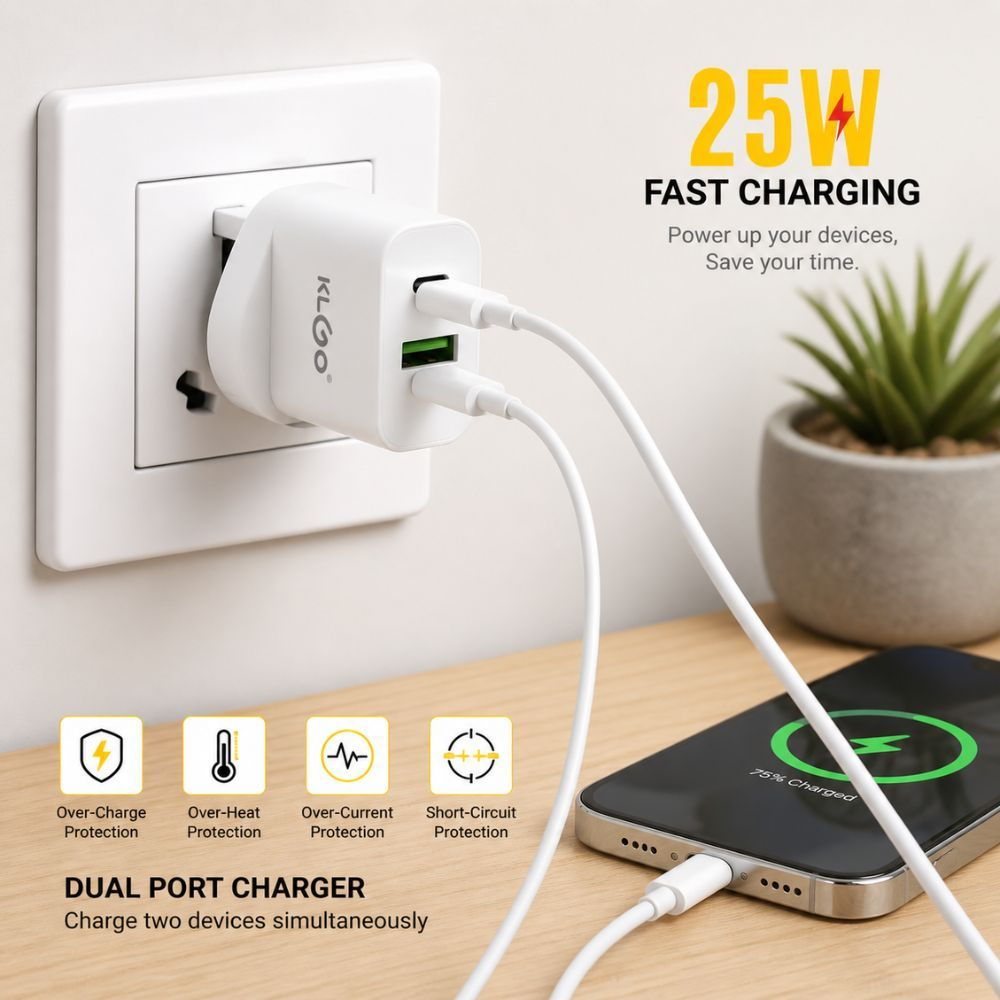 Klgo 25W Dual Port Fast Charger Usb C And Usb A Wall Adapter
