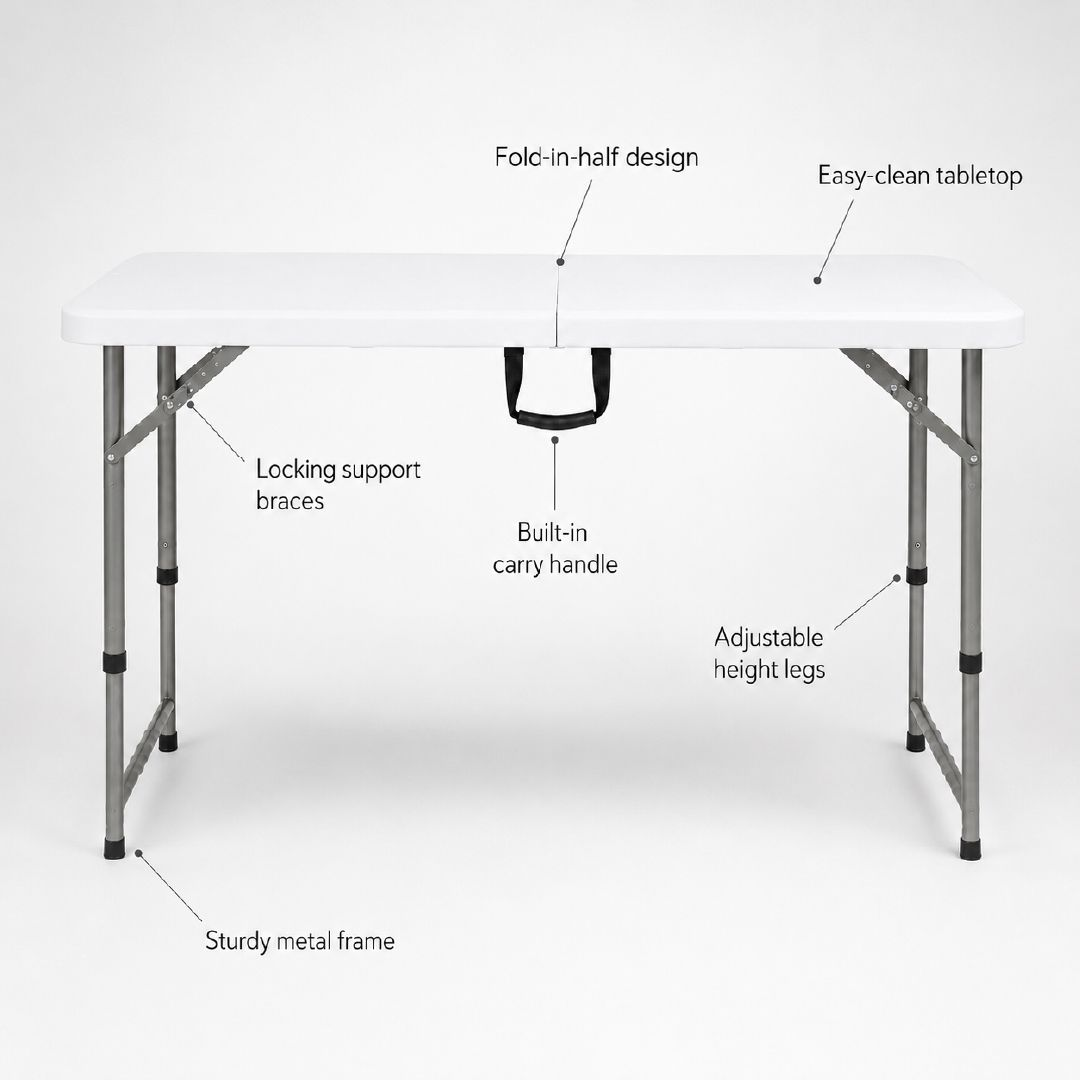 Fluid Portable Folding Table With Height-Adjustable Legs – 74 X 122 X 60 Cm