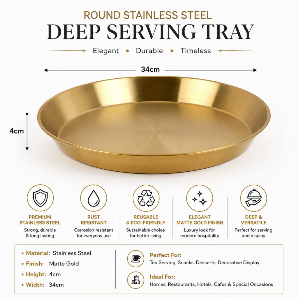 Authentic Deep Round Stainless Steel Serving Tray – Finish (34X4Cm)