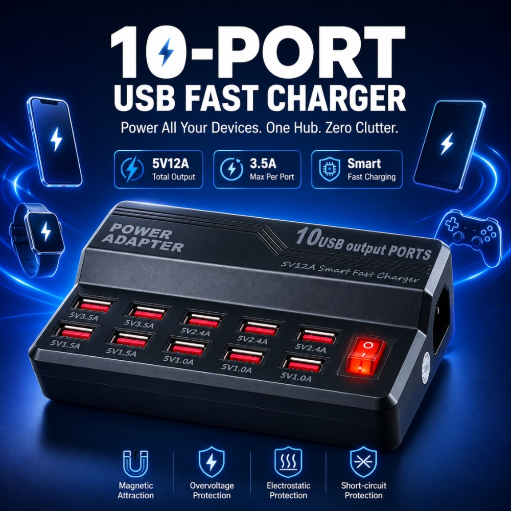 10 Port Usb Fast Charger Station Smart Power Adapter Hub For Multiple Devices