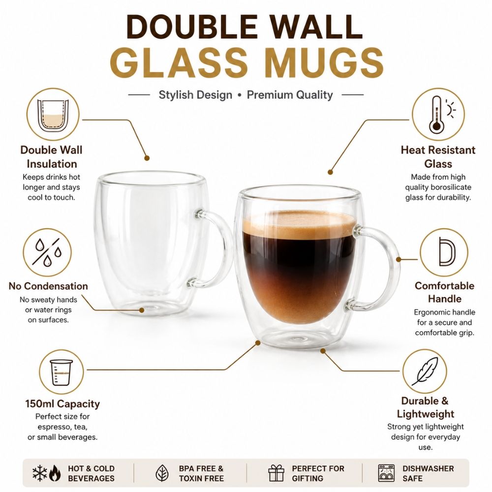 Premium Insulated Double Wall Borosilicate Glass Coffee Mug Set