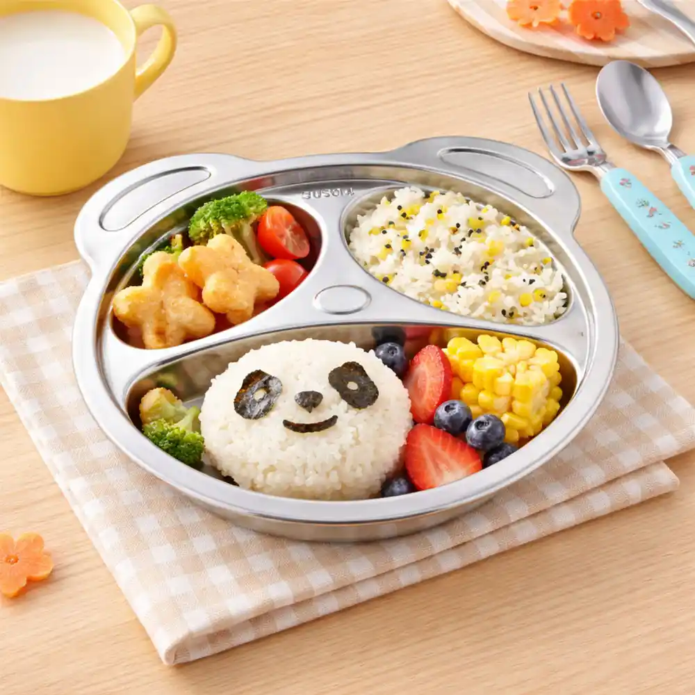 Unbreakable 3 Sections Panda shaped Stainless Steel Divided Plate – Food Serving Tray for Picky Eaters Lunch Camping