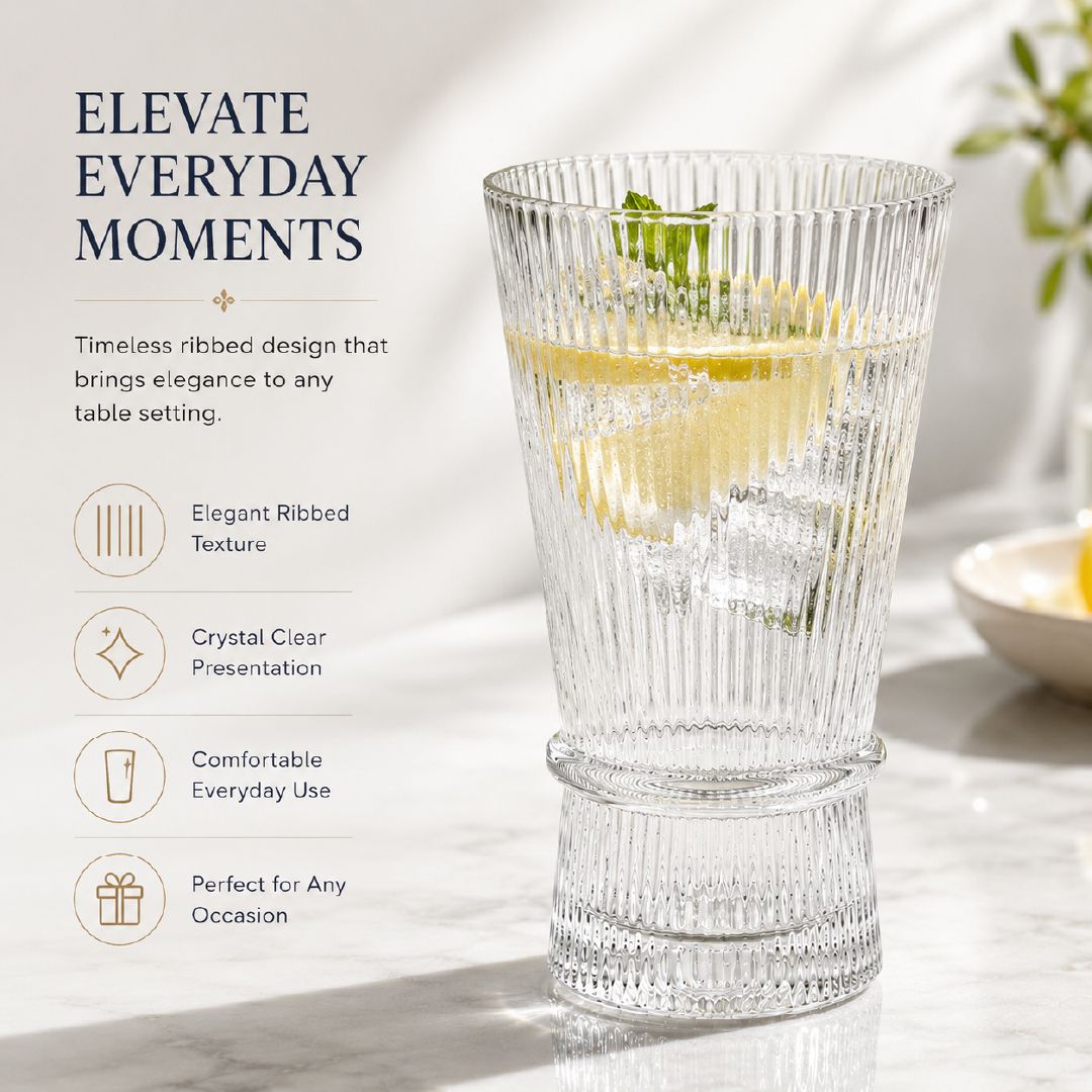Elegant Ribbed Glass Vase With Flared Top Bow-Tie Cinch Design, Transparent 14.5 X 8 Cm