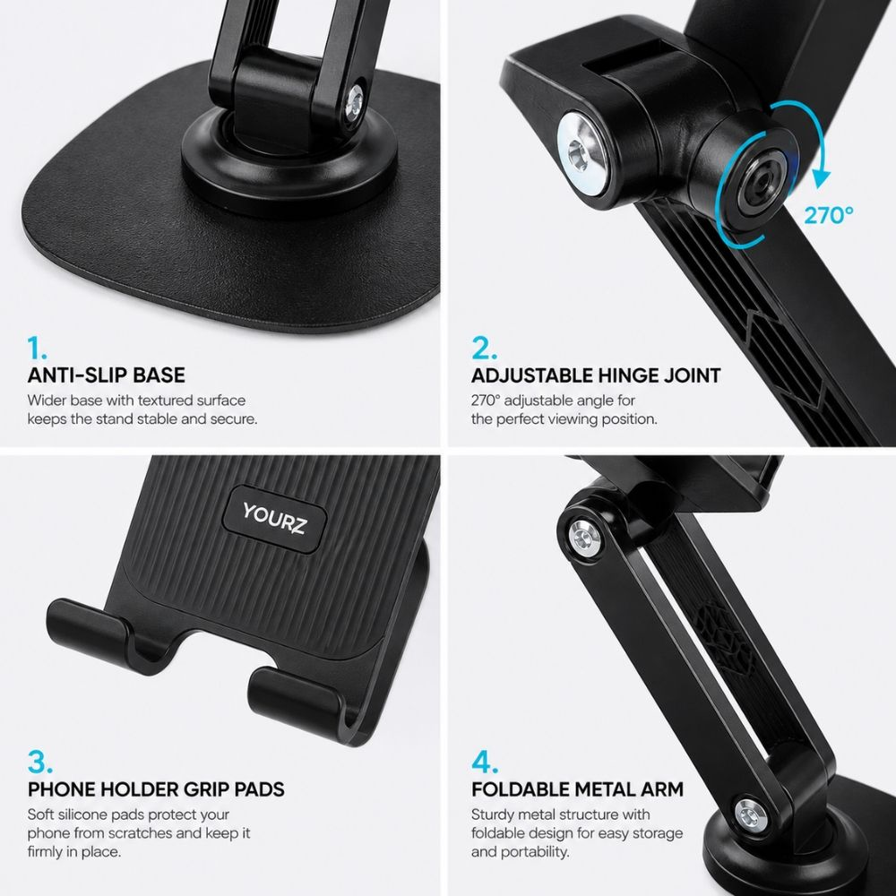 Adjustable Wall Mount & Foldable Mobile Stand – Strong Suction Base (9.5Cm Top & 9.5Cm Bottom)