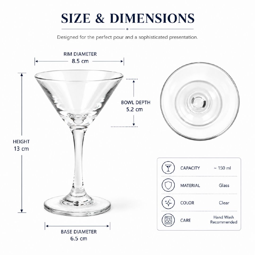 Premium Crystal Clear Martini Glass | 150Ml Capacity | Transparent Design