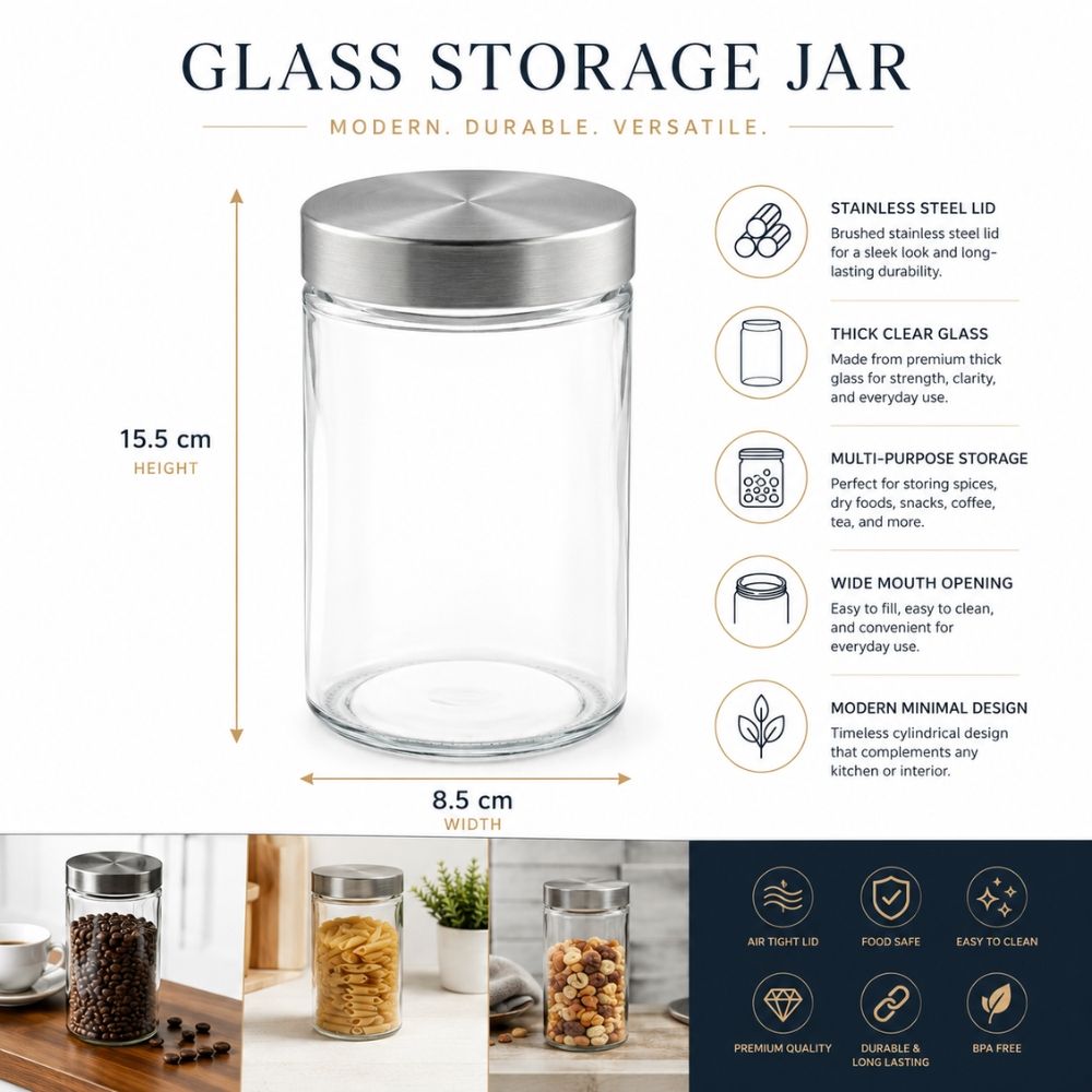 Premium Glass Storage Jar With Stainless Steel Lid - 15.5 X 8.5Cm, Transparent