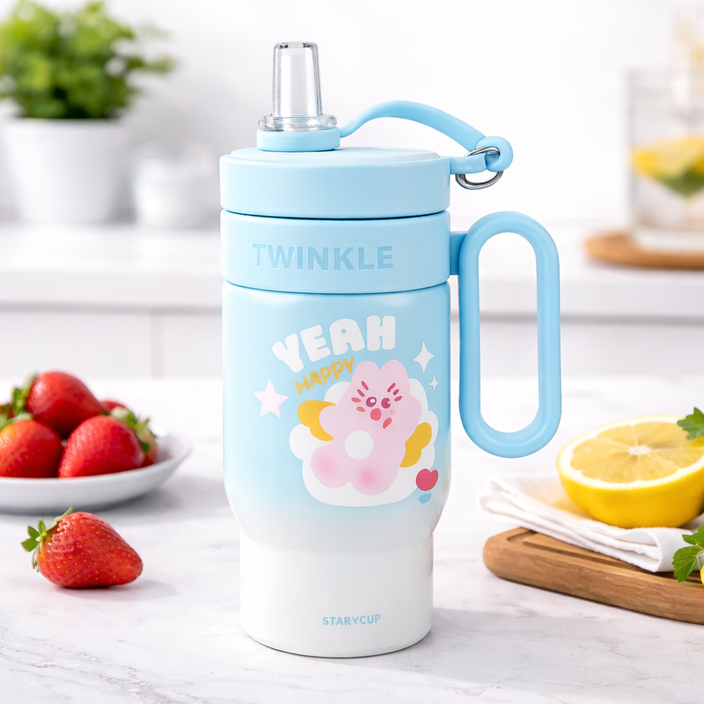Premium Insulated Vacuum Flask Cup 27cm – Cute Cartoon Stainless Steel Thermal Bottle with Handle for Hot & Cold Drinks