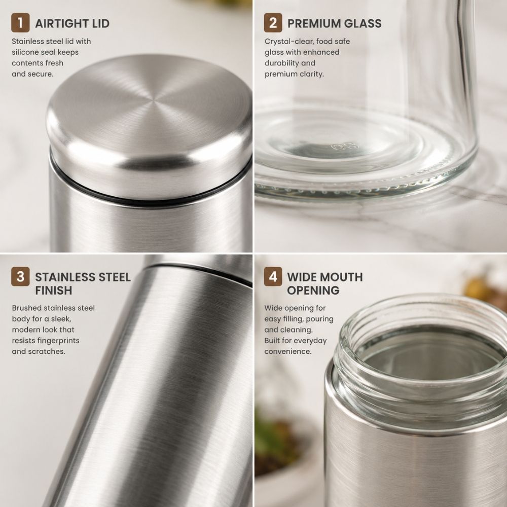 Premium 4-Piece Stainless Steel Glass Canister Set With Labeled Storage For Tea, Coffee, Sugar, Pasta
