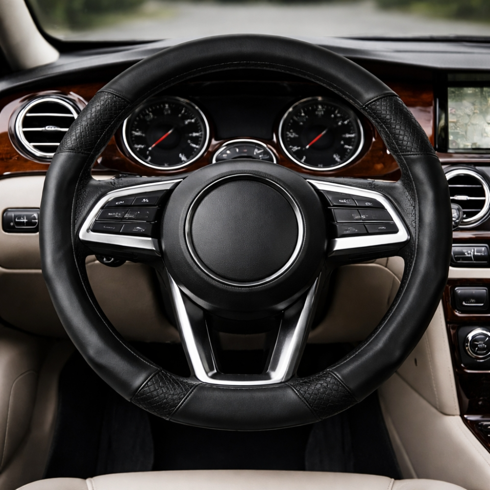 All-Black Microfiber Leather Steering Wheel Cover – 38cm Universal Fit Anti-Slip Durable Grip