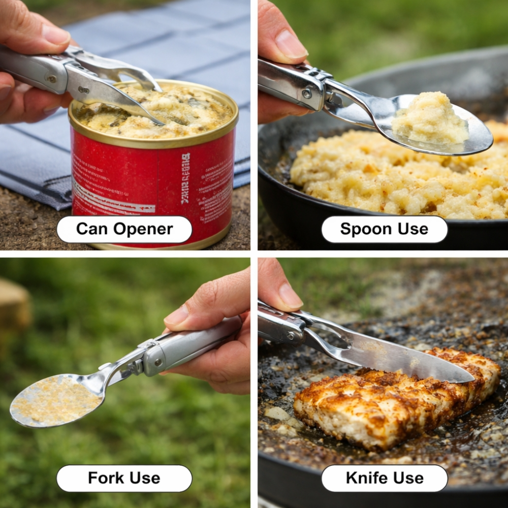 Premium Multifunctional Stainless Steel Camping Utensil Set 11cm – Portable Foldable Spoon Fork Knife Bottle Opener Travel Outdoor Tool
