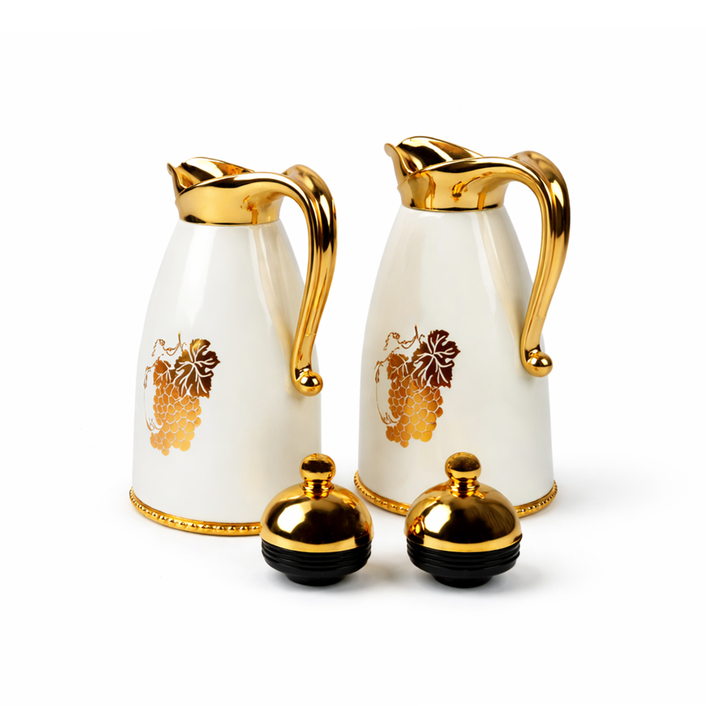 Elegant White Gold Floral Vacuum Flask Set 2Pcs – 0.6L & 1.0L Arabic Thermos, 12H Heat Retention, Height 28/29cm, Premium Hospitality Set