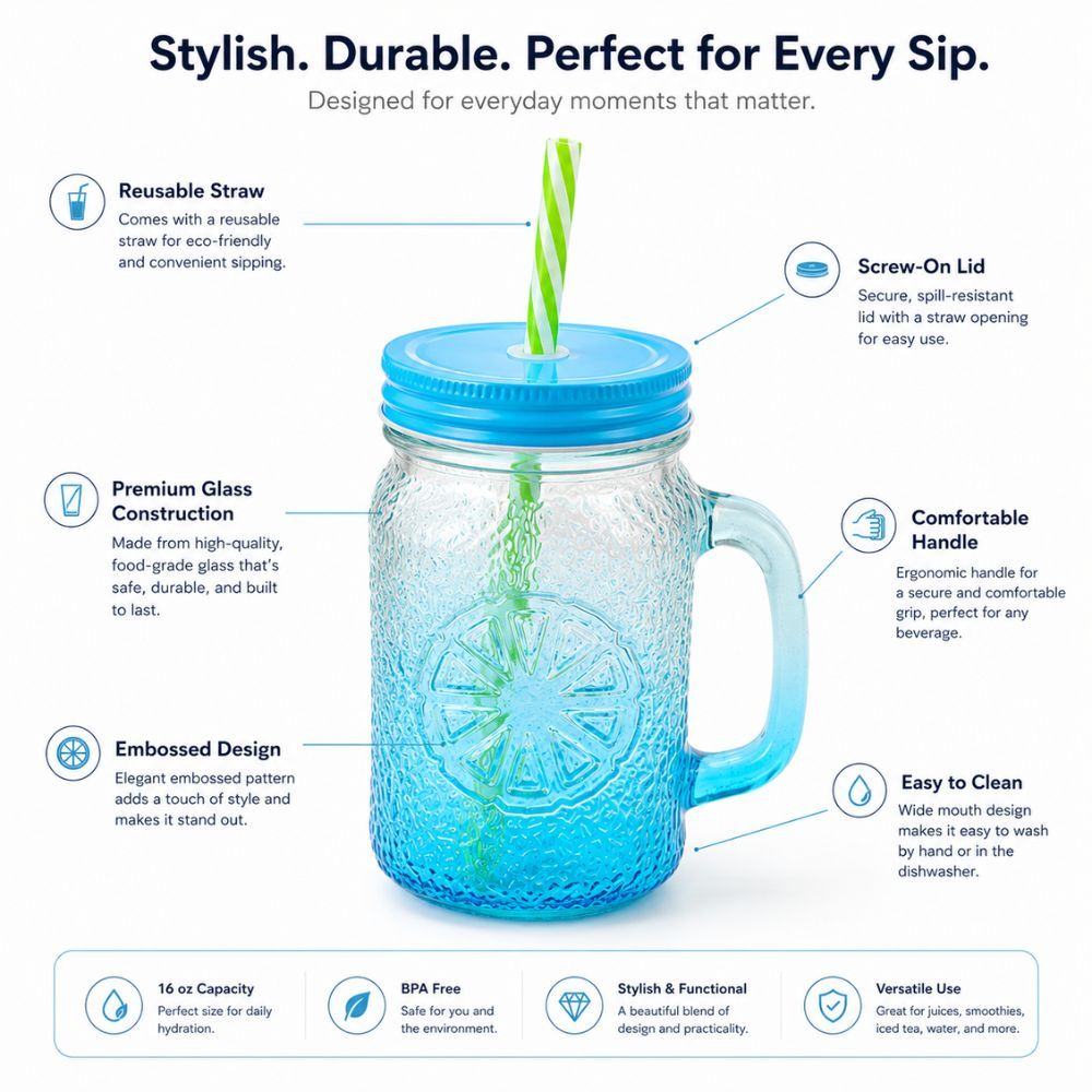 Premium Glass Jar With Reusable Straw And Secure Screw Lid For Refreshing Beverages