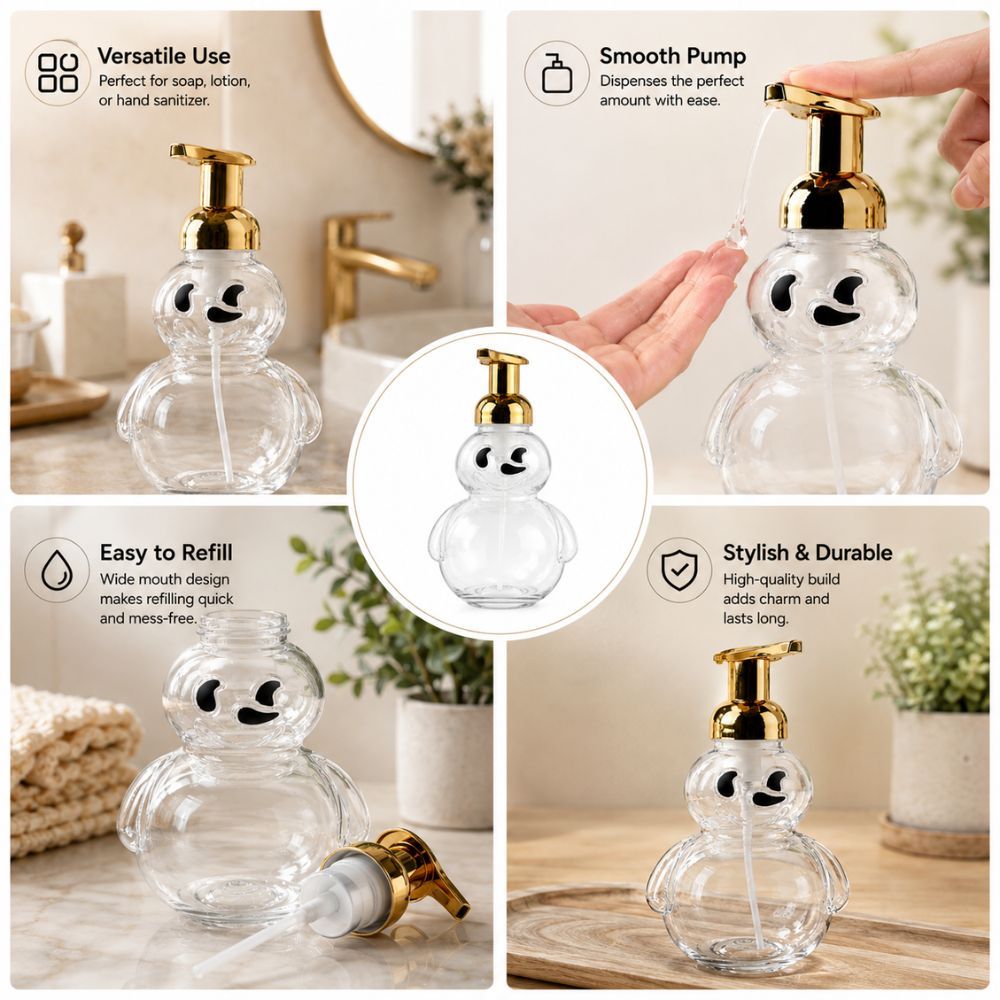 Charming Snowman Glass Foam Soap Dispenser Elegant Gold Pump Refillable Countertop Bottle
