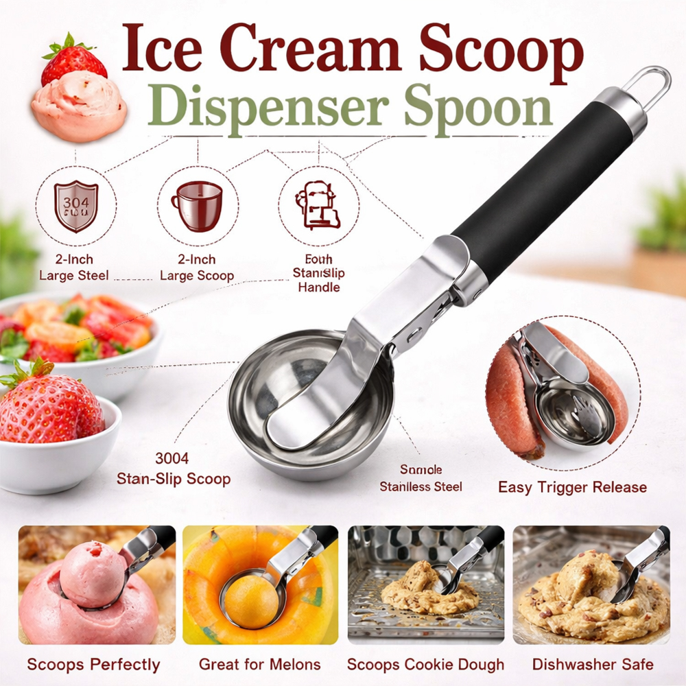 Premium Stainless Steel Ice Cream Scoop 22cm – Ergonomic Black Handle Scooper, 5.5cm Bowl, Easy Release Trigger, Professional Kitchen Tool