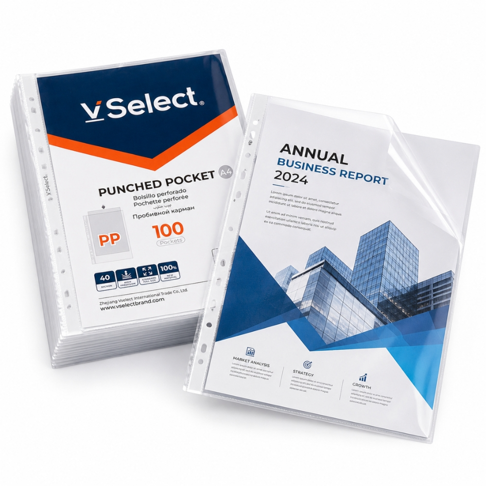 ransparent Punched Pocket 100PCS – A4 Size Clear Document Protector Sleeves (24cm x 30cm) for Office, School & File Organizer