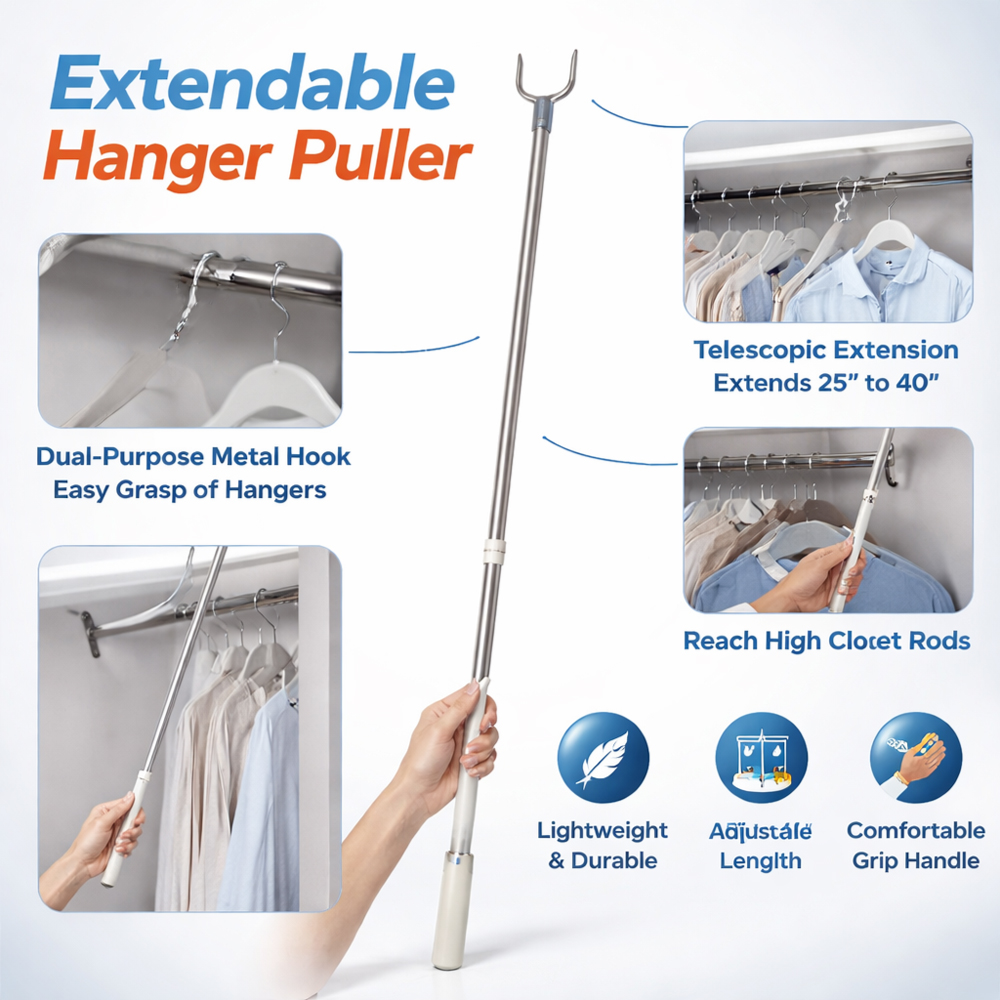 Premium Stainless Steel Extendable Hanger Puller (145cm) – Heavy-Duty High-Reach Closet Pole