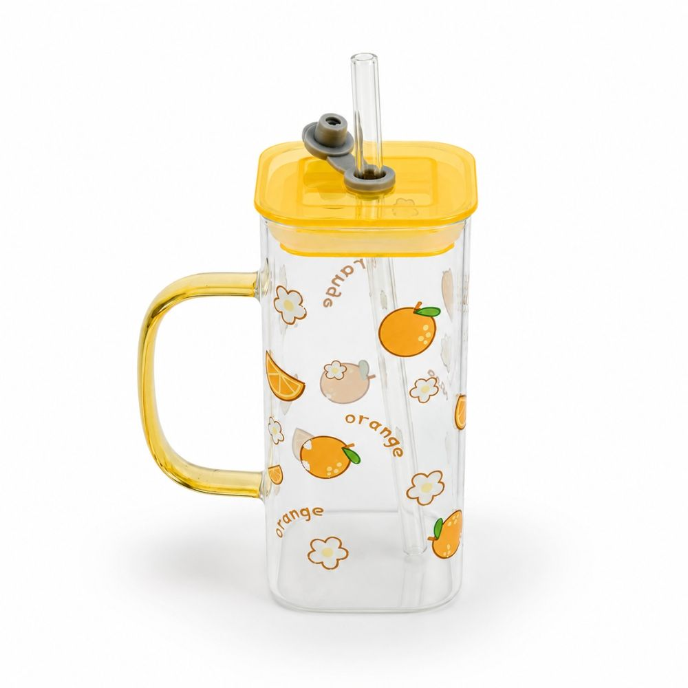 Dynamic Square Glass Mug With Cute Print, Lid Straw – Transparent (14X6Cm)