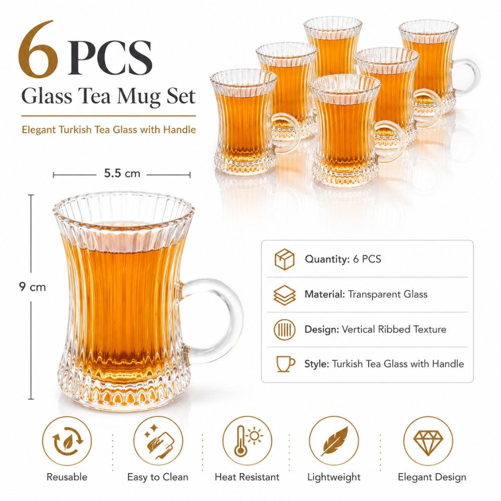 Radiant Turkish Tea Glass Set Featuring A Ribbed Design And Handle – Transparent (6Pcs)