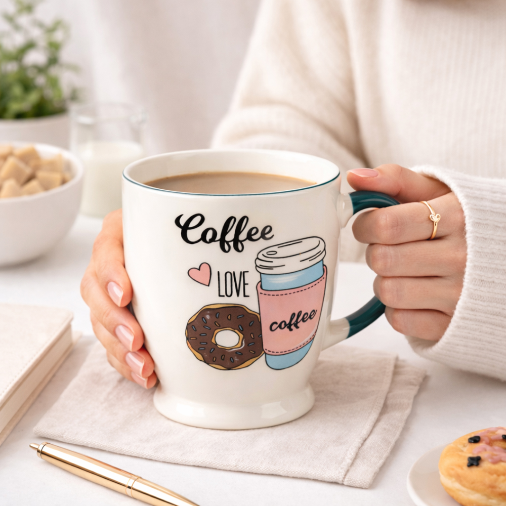 Coffee Lover Printed Ceramic Mug – 10cm x 10.5cm Premium Coffee Time Tea Cup with Stylish Handle