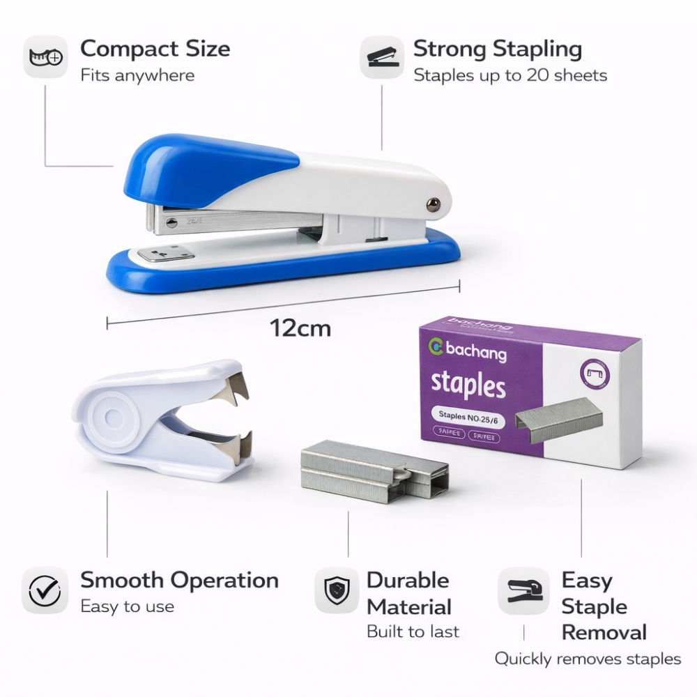 Bachang 3-in-1 Stationery Set – Blue/White Stapler, Remover & Staples
