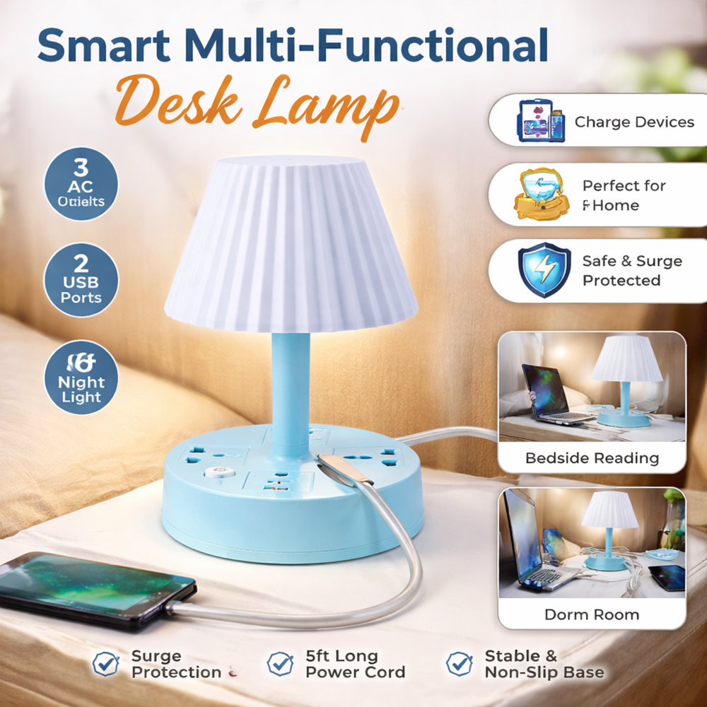 Smart Multi-Functional Desk Lamp with 3 AC Outlets & 2 USB Ports – Bedside Night Light & Power Hub