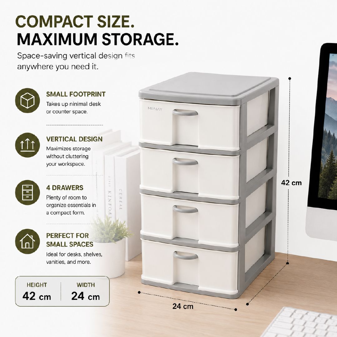Robust Polypropylene 4-Tier Drawer Storage Cabinet – 42 X 24 Cm – Off